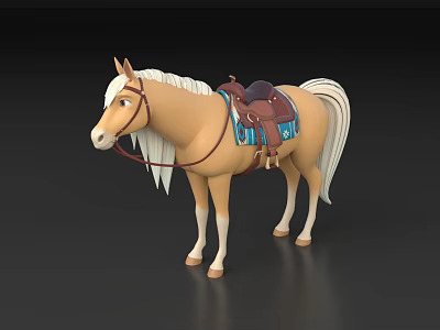 Beige Horse 3D Model With White Mane Tail And Blue Decorated Saddle 3d model