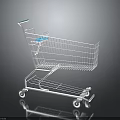 Metallic Shopping Cart With Wireframe Basket Blue Handle And Rolling Wheels Design