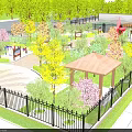 Scenic Park Landscape With Colorful Trees Wooden Pavilion Benches Pathways And Fence