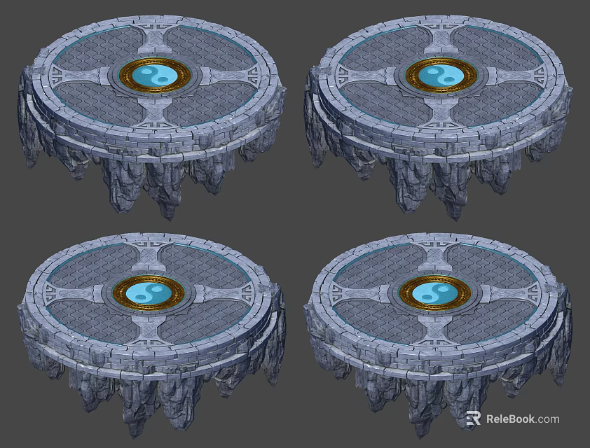 Four Circular Stone Platforms With Blue Central Design And Rock Decorations 3d model