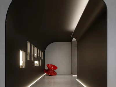 Modern Office Corridor Interior With Arched Design Recessed Lighting And Red Accent Chair 3d model