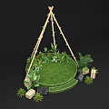 Floral Installation Featuring Circular Grass Platform Wooden Triangular Frame String Lights Green Plants And Flowers 3d model