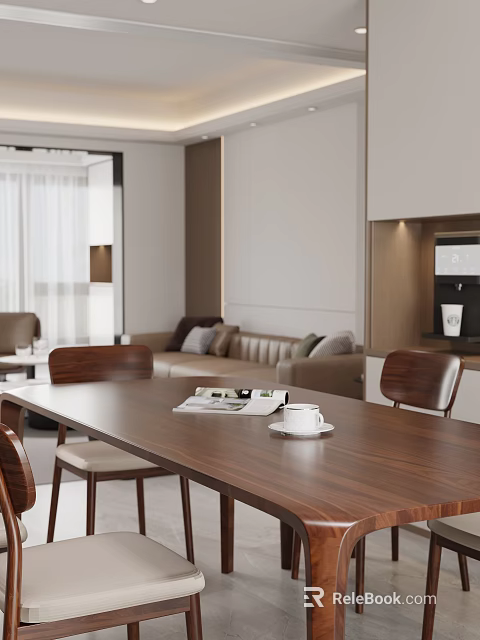Modern Walnut Dining Table Set With Comfortable Cushioned Chairs For Cozy Bright Home Dining Area 3d model 