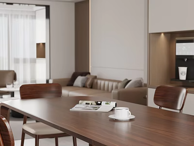 Modern Walnut Dining Table Set With Comfortable Cushioned Chairs For Cozy Bright Home Dining Area 3d model