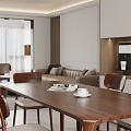 Modern Walnut Dining Table Set With Comfortable Cushioned Chairs For Cozy Bright Home Dining Area