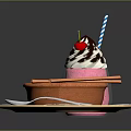 Creamy Crème Brûlée And Purple Smoothie With Cherry Topping Striped Straw Checkered Napkin And Spoon