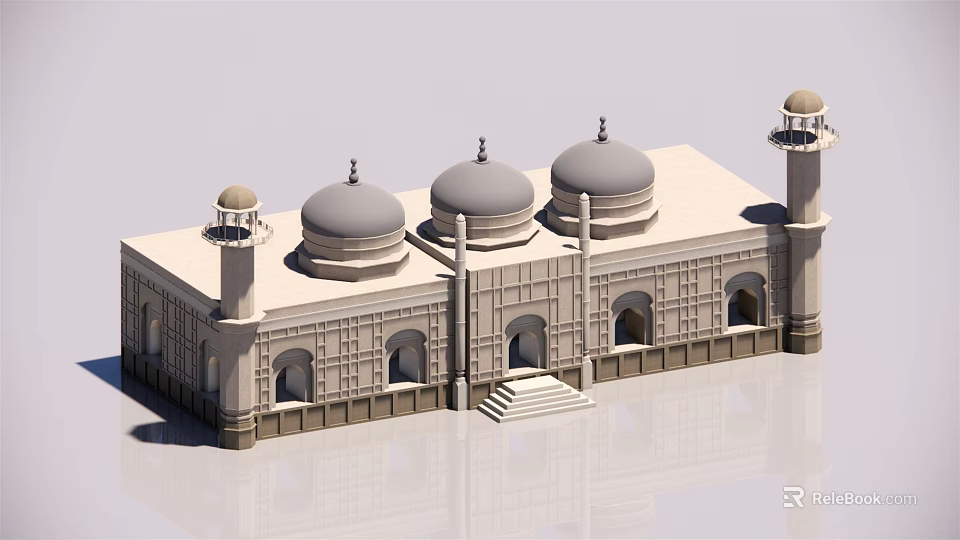 Traditional Mosque Building With Multiple Domes Minarets Arched Windows And Steps 3d model 