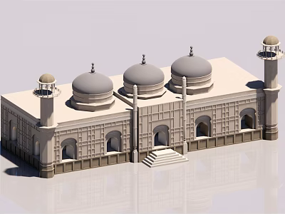 Traditional Mosque Building With Multiple Domes Minarets Arched Windows And Steps 3d model