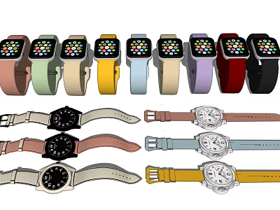 Different Styles of Smart and Traditional Watches with Various Colored Straps and Dial Designs 3d model
