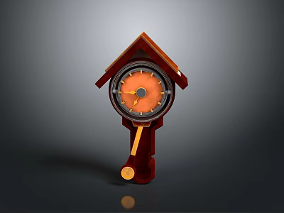 Vintage Wooden House Shaped Mantel Clock With Orange Dial And Pendulum 3d model