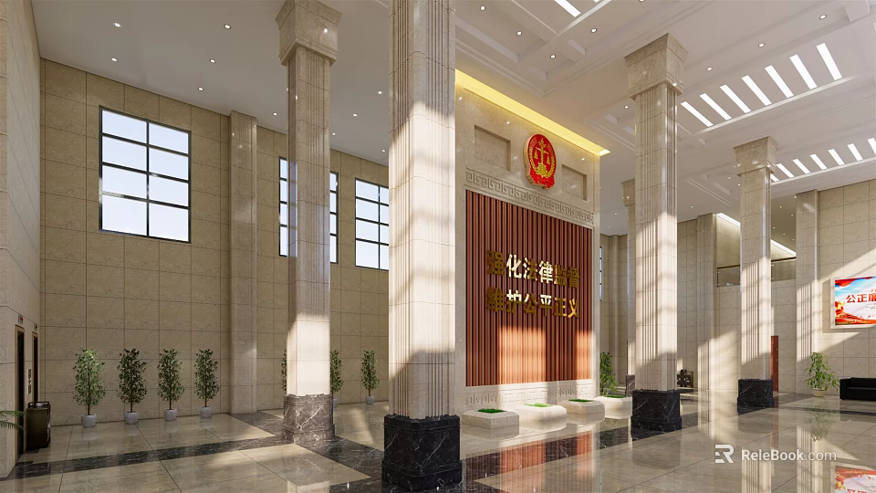 Administrative Service Hall With Marble Pillars Large Windows Wooden Background Wall And Green Plants 3d model 
