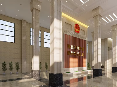 Administrative Service Hall With Marble Pillars Large Windows Wooden Background Wall And Green Plants 3d model