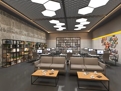 Modern Public Office Space Interior With Desks Computers Sofas Bookshelves And Hexagonal Lights 3d model