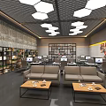 Modern Public Office Space Interior With Desks Computers Sofas Bookshelves And Hexagonal Lights 3d model