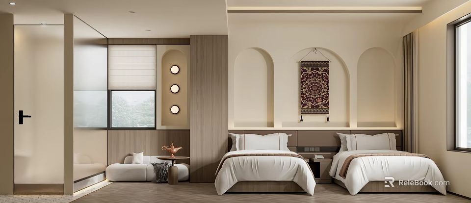 Elegant Modern Hotel Room Interior With Twin Beds Decorative Tapestry And Arch Windows 3d model 