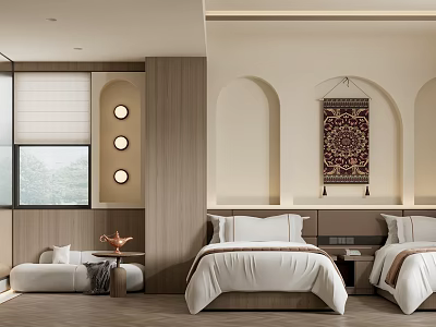Elegant Modern Hotel Room Interior With Twin Beds Decorative Tapestry And Arch Windows 3d model