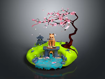 Cartoon Scene With Fox On Bridge Cherry Blossom Tree Koi Fish Pond And Small Pagoda 3d model