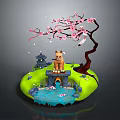 Cartoon Scene With Fox On Bridge Cherry Blossom Tree Koi Fish Pond And Small Pagoda