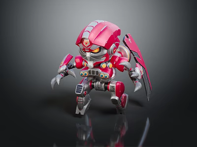 Red And Silver Miniature Robot Figure With Detailed Mech Design And Sharp Features 3d model