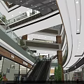 Multi Level Shopping Mall Atrium With Escalators Shops Glass Railings Modern Lighting And Plants