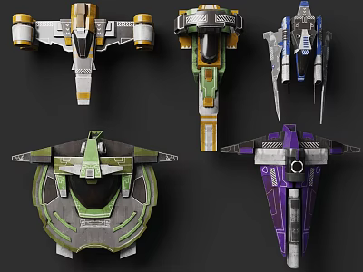 Various Unique Designed Multicolored Spacecraft Models In Cosmic Aerospace Theme 3d model