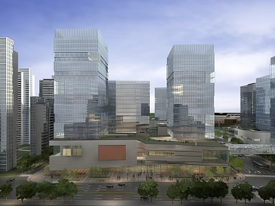 Modern Office Building Exterior With Glass Curtain Wall In Urban Complex 3d model