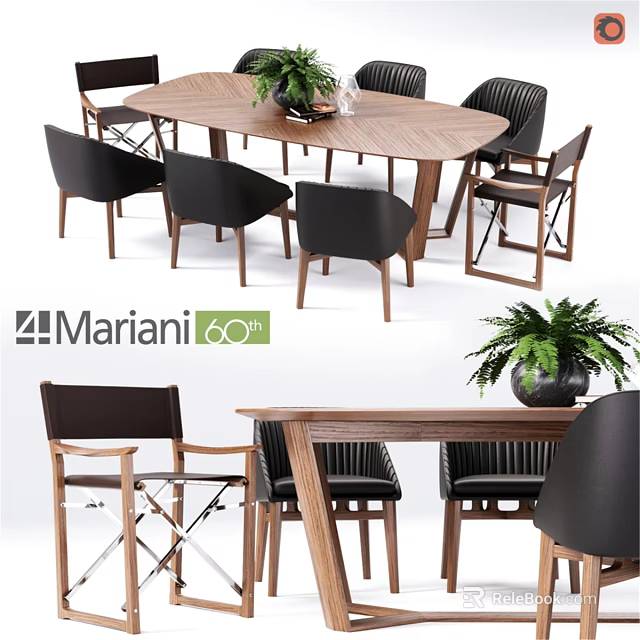 Mariani 60th Modern Wooden Dining Table And Black Chairs With Decorative Plants 3d model 