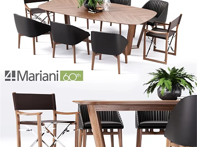 Mariani 60th Modern Wooden Dining Table And Black Chairs With Decorative Plants 3d model