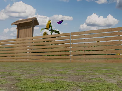 Wooden Fence With Small Wooden Shed Sunflowers Purple Butterfly Blue Sky And Green Grass 3d model