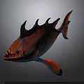 Red and Blue Spiked Back Fish with Sharp Teeth Yellow Eyes Wing Fins