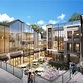 Modern Commercial Plaza With Market Area Pedestrian Walkways And Open Space At Evening