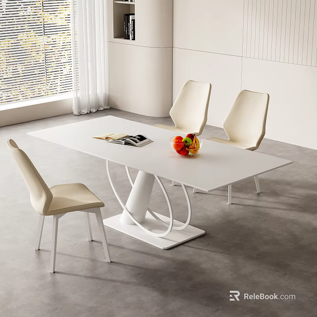 Modern White Rectangular Dining Table Set With Beige Chairs Magazine And Fruit Bowl 3d model