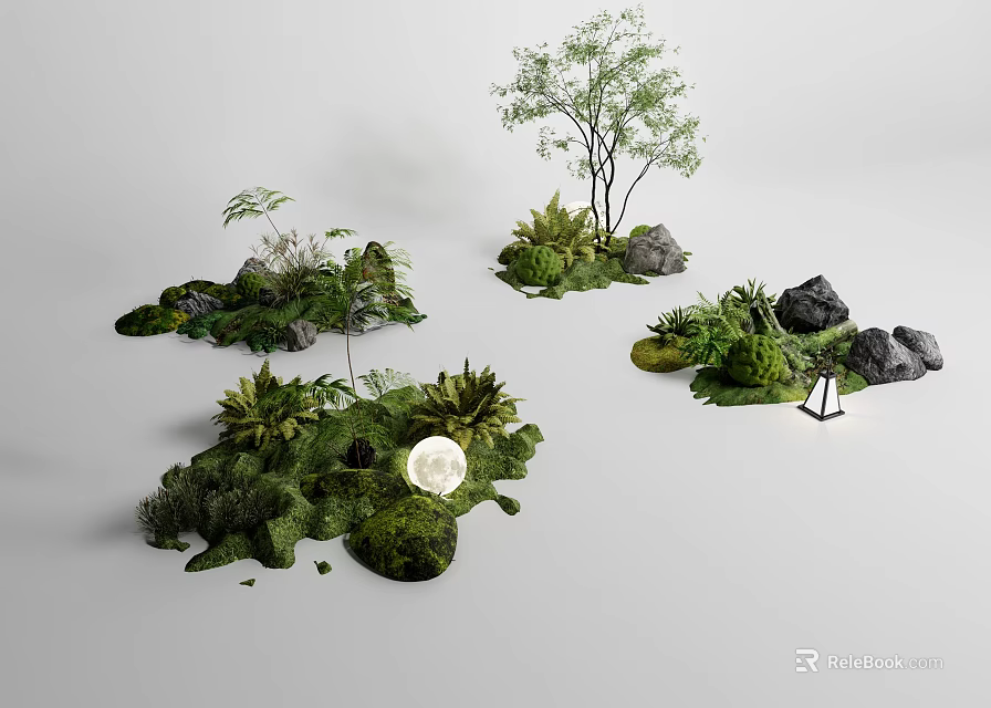 Garden Miniature Arrangements With Green Plants Rocks Tree Moon Ornament And Small Light 3d model 