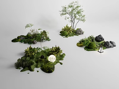 Garden Miniature Arrangements With Green Plants Rocks Tree Moon Ornament And Small Light 3d model