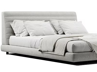 Modern Double Bed With Gray Upholstered Headboard White Pillows And Soft Bedspread 3d model
