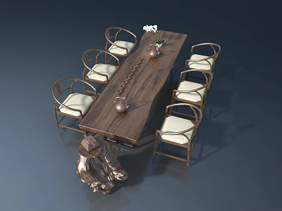 Long Wooden Dining Table With Six Metal Frame Chairs Light Cushions Copper Vases White Flowers 3d model