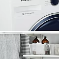 Modern Washing Machine in Laundry Room With Storage Shelf Laundry Basket Clothes and Cleaning Tools