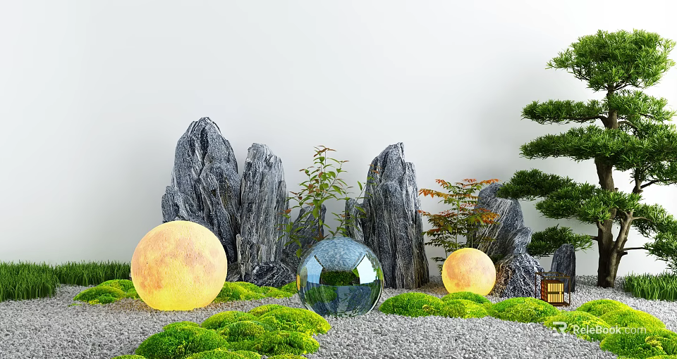 Karesansui Dry Landscape Design With Rock Formations Moss Gravel And Spherical Lamps 3d model 