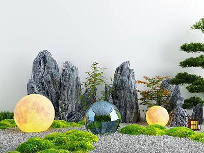 Karesansui Dry Landscape Design With Rock Formations Moss Gravel And Spherical Lamps 3d model
