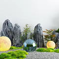 Karesansui Dry Landscape Design With Rock Formations Moss Gravel And Spherical Lamps