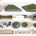 Creative Landscape Seats With Various Shapes Grass Covered And Wooden Elements 3d model