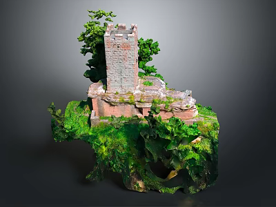 Ancient Stone Tower Ruin With Lush Green Vegetation And Rocky Floating Hollow Base 3d model