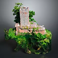 Ancient Stone Tower Ruin With Lush Green Vegetation And Rocky Floating Hollow Base