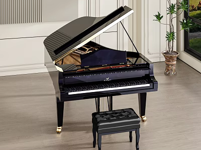 Elegant Black Grand Piano Interior With Bench Wooden Floor And Potted Plant 3d model