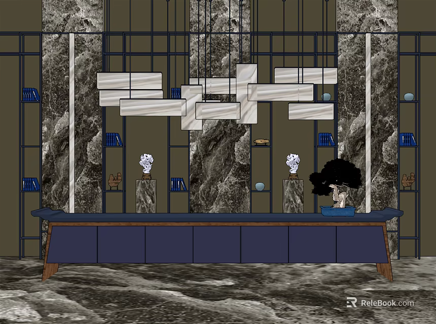 Modern Reception Desk With Blue Countertop Marble Wall And Decorative Pendant Lights 3d model 