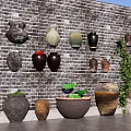 Brick Feature Wall With Hanging And Standing Ceramic Jars And Green Foliage 3d model