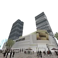 Modern Commercial Street With Tall Glass Buildings And Shopping Mall Outdoor Area And Bright Lighting