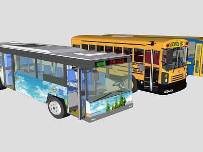 Modern City Bus And Yellow School Bus Design With Large Windows And Interior Details 3d model
