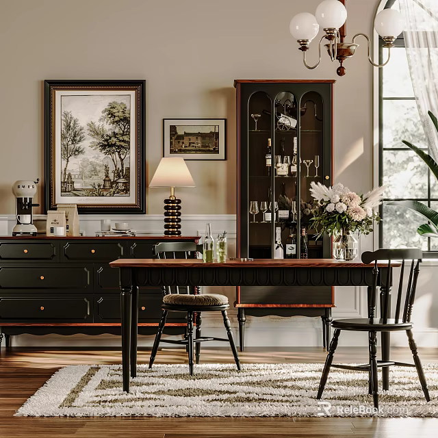 Classic Dining Room Featuring Wooden Sideboard Cabinet Framed Art Table Lamp And Flower Arrangement 3d model 