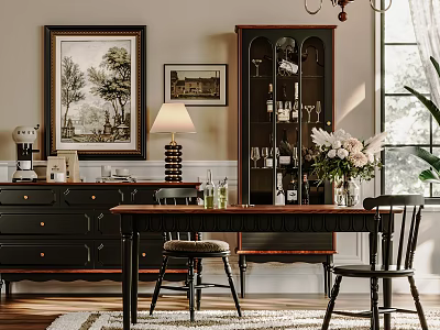 Classic Dining Room Featuring Wooden Sideboard Cabinet Framed Art Table Lamp And Flower Arrangement 3d model